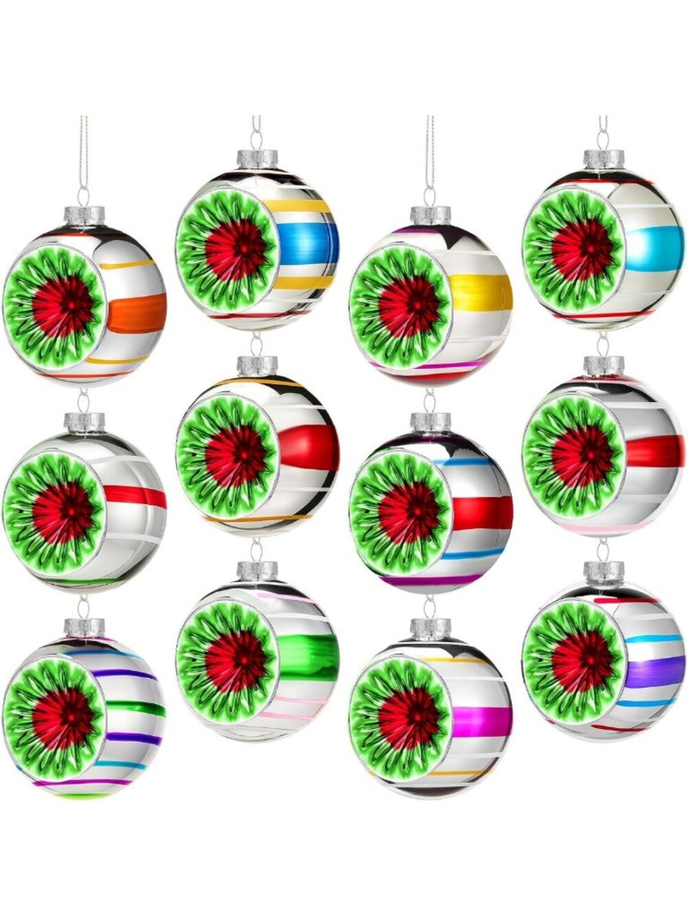 12 Pcs Vintage Christmas Glass Ornaments - Multicolored Reflector Balls for
